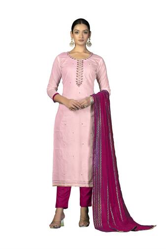 Women's baby pink unstitched fancy hand work  with banarasi dupatta cambric cotton dress material (m-msmfc11243c)