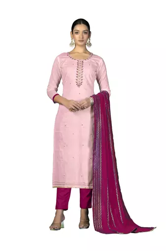 Women's baby pink unstitched fancy hand work  with banarasi dupatta cambric cotton dress material (m-msmfc11243c)