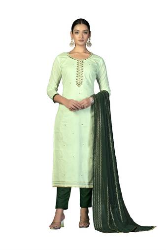 Women's light green unstitched fancy hand work 
with banarasi dupatta cambric cotton dress material (m-msmfc11243d)