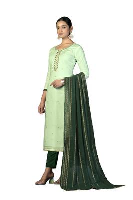 Women's light green fancy hand work 
 with banarasi dupatta cambric cotton dress material 2