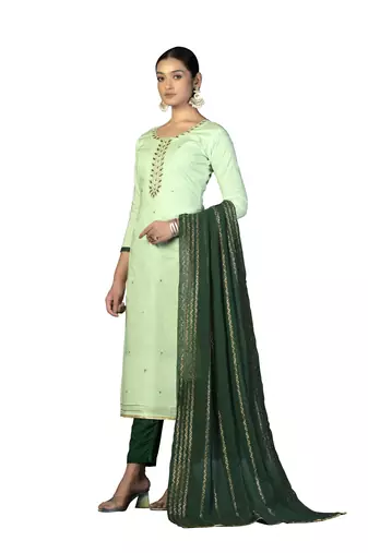 Women's light green fancy hand work 
 with banarasi dupatta cambric cotton dress material