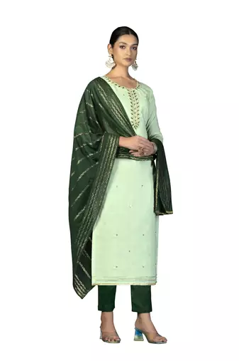 Women's light green fancy hand work 
 with banarasi dupatta cambric cotton dress material