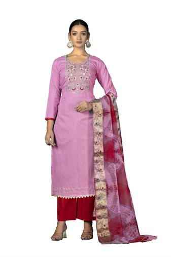 Women's baby pink unstitched  embroidered,moti work with banarasi dupatta cambric cotton dress material (m-msmfc11245a)
