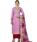 Women's baby pink embroidered,moti work with banarasi dupatta cambric cotton dress material