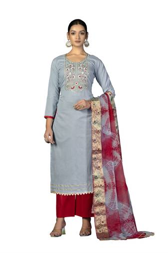 Women's grey unstitched  embroidered,moti work with banarasi dupatta cambric cotton dress material (m-msmfc11245b)