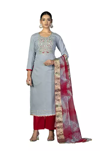 Women's grey unstitched  embroidered,moti work with banarasi dupatta cambric cotton dress material (m-msmfc11245b)