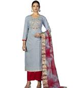 Women's grey embroidered,moti work with banarasi dupatta cambric cotton dress material