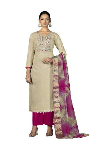 Women's beige unstitched  embroidered,moti work with banarasi dupatta cambric cotton dress material (m-msmfc11245d)