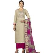 Women's beige embroidered,moti work with banarasi dupatta cambric cotton dress material
