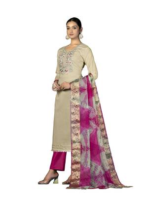Women's beige embroidered,moti work with banarasi dupatta cambric cotton dress material 2