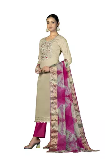 Women's beige embroidered,moti work with banarasi dupatta cambric cotton dress material