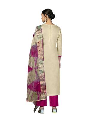 Women's beige embroidered,moti work with banarasi dupatta cambric cotton dress material 3
