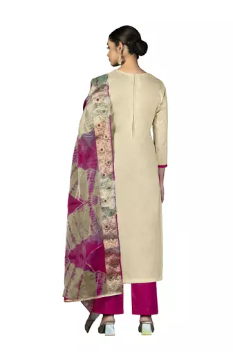 Women's beige embroidered,moti work with banarasi dupatta cambric cotton dress material