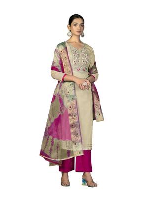 Women's beige embroidered,moti work with banarasi dupatta cambric cotton dress material 4