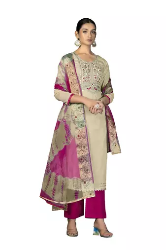 Women's beige embroidered,moti work with banarasi dupatta cambric cotton dress material