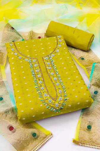 Women's green unstitched  hand work with bandhani printed dupatta modal cotton jacquard dress material 