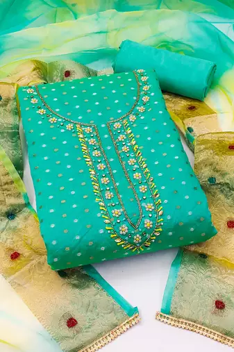 Women's sea green unstitched  hand work with bandhani printed dupatta modal cotton jacquard dress material (msmfc11265b)