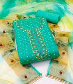 Women's sea green unstitched  hand work with bandhani printed dupatta modal cotton jacquard dress material (msmfc11265b)