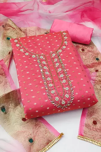 Women's pink hand work with bandhani printed dupatta modal cotton jacquard dress material