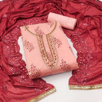 Women's peach unstitched  hand work, heavy border  with embroidered dupatta modal cotton dress material (msmfc11266a) 1