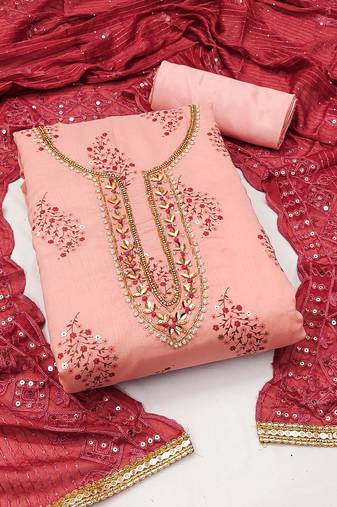 Women's peach unstitched  hand work, heavy border  with embroidered dupatta modal cotton dress material (msmfc11266a)