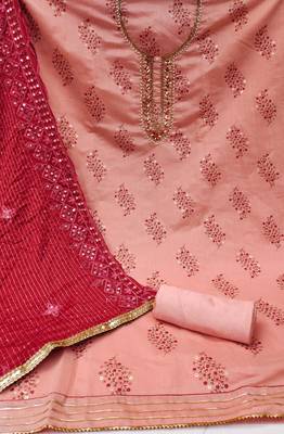 Women's peach unstitched  hand work, heavy border  with embroidered dupatta modal cotton dress material (msmfc11266a) 2