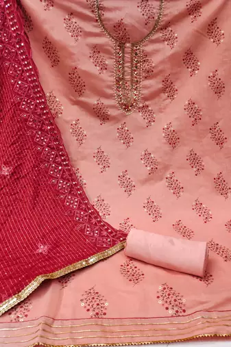 Women's peach unstitched  hand work, heavy border  with embroidered dupatta modal cotton dress material (msmfc11266a)