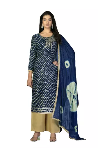 Women's navy blue unstitched with hand work with embroidered dupatta premium jam cotton dress material 