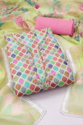Women's multi unstitched  hand work with classic printed dupatta cambric cotton dress material (msmfc11267b)