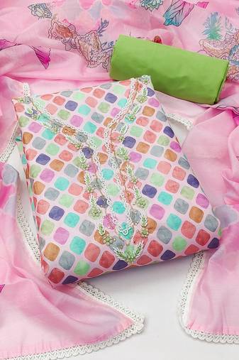 Women's multi unstitched  hand work with classic printed dupatta cambric cotton dress material (msmfc11267c)