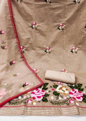 Women's beige heavy chain embroidered with embroidered dupatta modal silk dress material 2