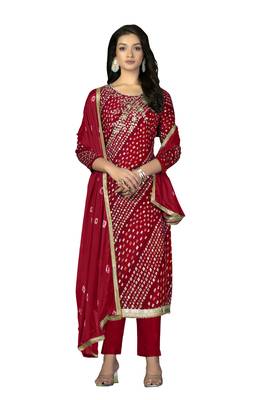 Women's red hand work with bandhani printed dupatta premium jam cotton dress material 1