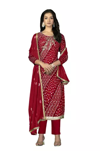 Women's red unstitched hand work with bandhani printed dupatta premium jam cotton dress material (m-msmfc11255a)