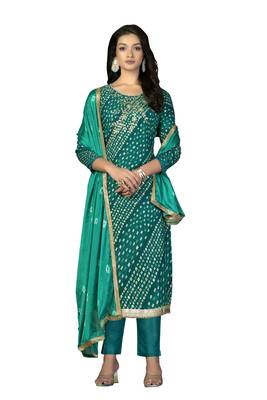 Women's green hand work with bandhani printed dupatta premium jam cotton dress material 1