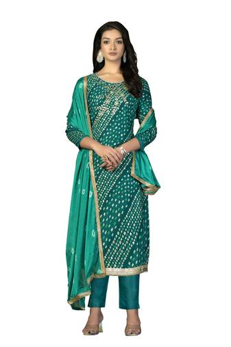 Women's green unstitched hand work with bandhani printed dupatta premium jam cotton dress material (m-msmfc11255b)