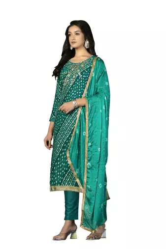 Women's green hand work with bandhani printed dupatta premium jam cotton dress material