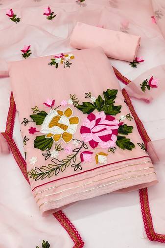Women's peach unstitched heavy chain embroidered with embroidered dupatta modal silk dress material (msmfc11268d)