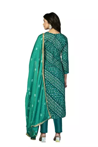 Women's green hand work with bandhani printed dupatta premium jam cotton dress material