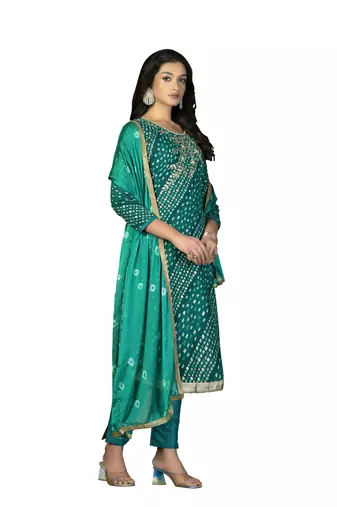 Women's green hand work with bandhani printed dupatta premium jam cotton dress material