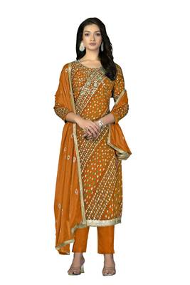 Women's mustered unstitched hand work with bandhani printed dupatta premium jam cotton dress material (m-msmfc11255c) 1