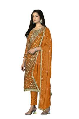 Women's mustered unstitched hand work with bandhani printed dupatta premium jam cotton dress material (m-msmfc11255c) 2