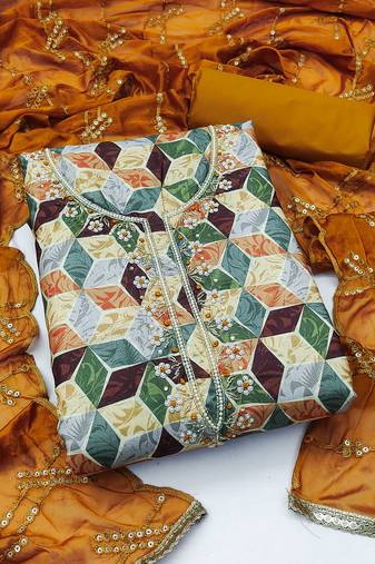 Women's multi unstitched  hand work, classic border with embroidered dupatta cambric cotton dress material (msmfc11269a)