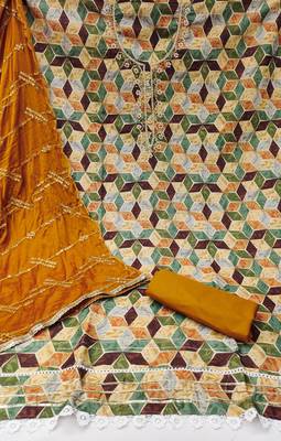 Women's multi hand work, classic border with embroidered dupatta cambric cotton dress material 2