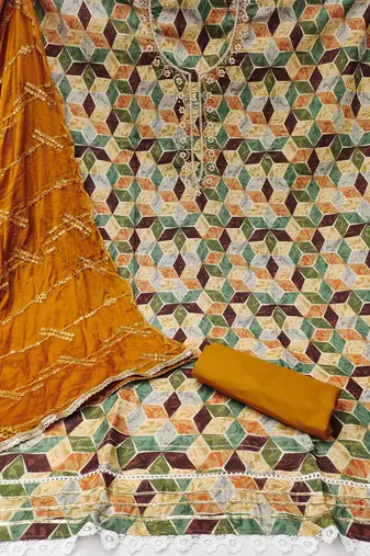 Women's multi hand work, classic border with embroidered dupatta cambric cotton dress material