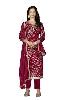 Women's pink hand work with bandhani printed dupatta premium jam cotton dress material 1