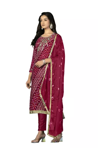 Women's pink hand work with bandhani printed dupatta premium jam cotton dress material