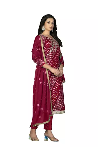 Women's pink hand work with bandhani printed dupatta premium jam cotton dress material