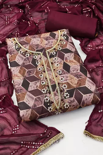 Women's multi unstitched  hand work, classic border with embroidered dupatta cambric cotton dress material (msmfc11269c)