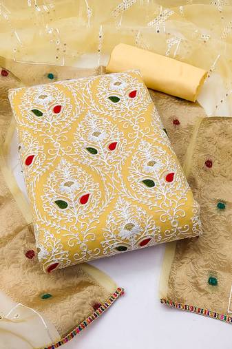 Women's yellow unstitched heavy chain embroidered  with embroidered dupatta modal silk dress material (msmfc11270a)