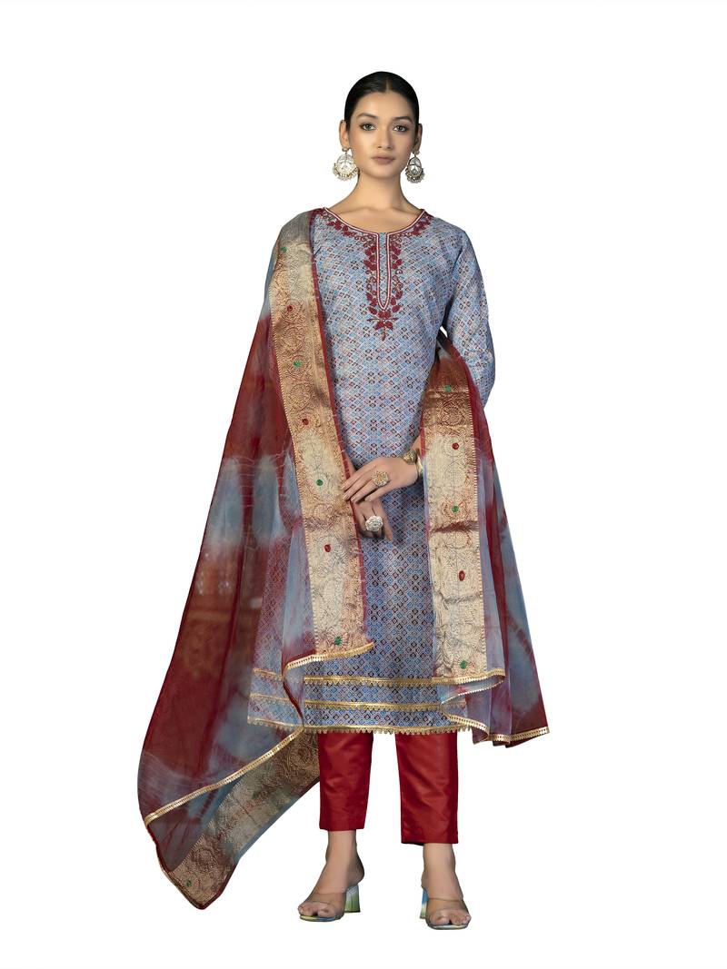 Women's multi unstitched  hand work,fancy border with banarasi dupatta cotton dress material (m-msmfc11260a)